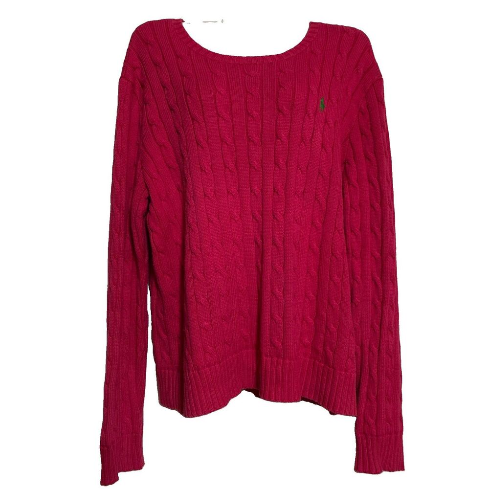 Polo Ralph Lauren Pink Cable Knit Green Pony  Sweater Medium EUC XL